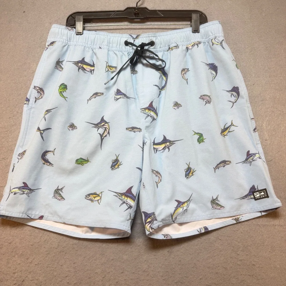 Pelagic Mens XL Light Blue Fish‎ Print Fishing Shorts 34x7 Stretch Marlin Tuna